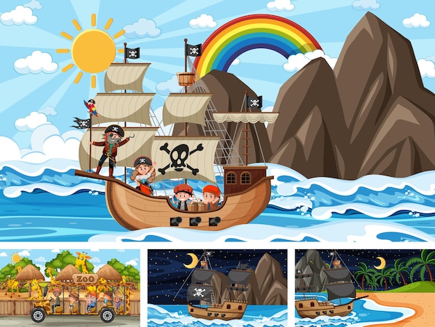 Set of different scenes with pirate ship at the sea and animals in the zoo