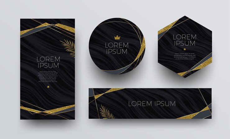 Vector set of different shape banner glitter gold frame and palm branches on dark wave texture