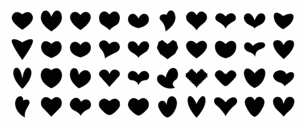 Vettore impostare diversi semplici cuori neri isolati su bianco per la carta di san valentino o il design della maglietta