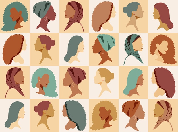 さまざまな文化の女性のさまざまな単純なフラット シルエットのセット。多様性