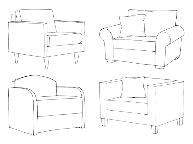 Set of different soft armchairs linear sketch vector illustrat