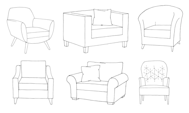 Set of different soft armchairs Linear sketch Vector illustrat