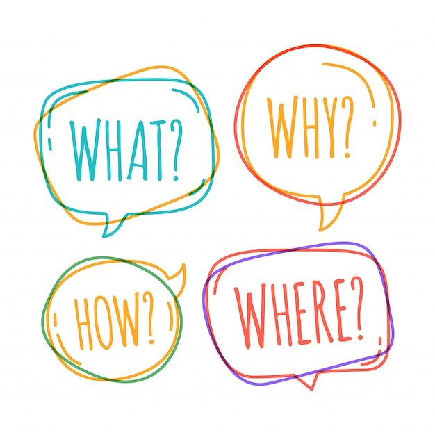 Set of different speech bubble in doodle style with text why what how where question inside