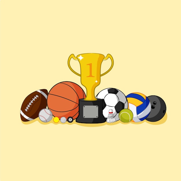 Набор различных спортивных мячей и трофеев, изолированных