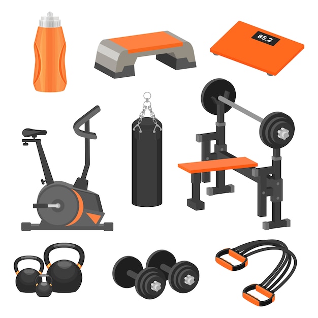   set of different sport items and exercise equipment. Healthy lifestyle theme. Elements for advertising poster or banner