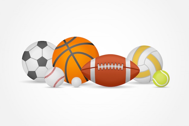 Набор различных спортивных мячей в кучу. Оборудование для футбола, баскетбола, бейсбола, волейбола, тенниса и гольфа.