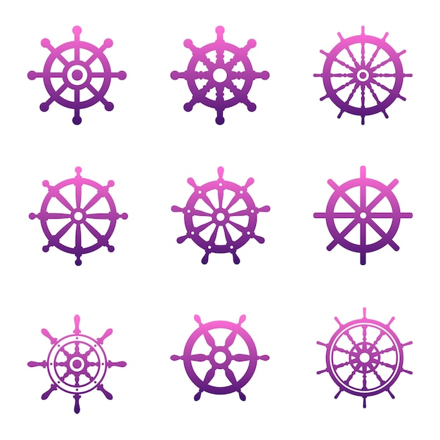 A set of different steering wheels of the ship