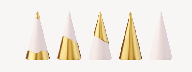 Set of different style Christmas tree cone White and golden realistic abstract Christmas trees Christmas decorations 3d rendering Vector illustration