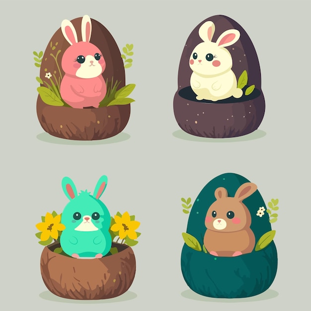 회색 배경 행복 한 부활절 날 개념에 계란 모양 꽃과 잎 풍경에 대 한 다른 스타일 귀여운 토끼 캐릭터의 집합