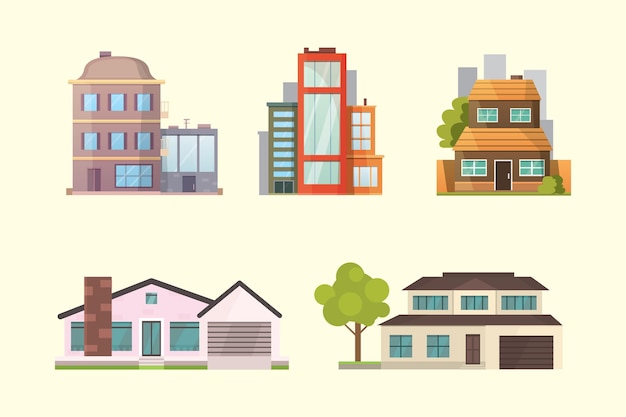 Set of different styles residential houses. City architecture retro and modern buildings. House front cartoon  illustrations.