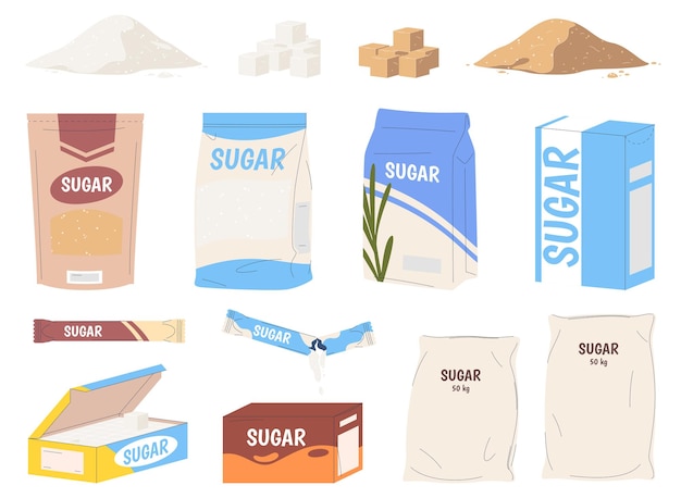 A set of different sugars Packing sugar in boxes packages bags A delicious sweet product