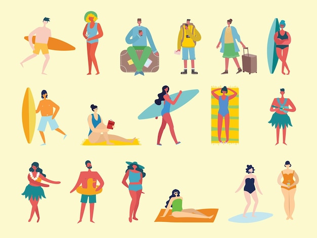 Vector set of different   summer travel people in flat stye