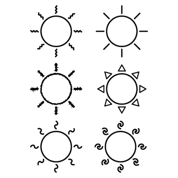 흰색 배경에 고립 된 다른 태양 아이콘 세트