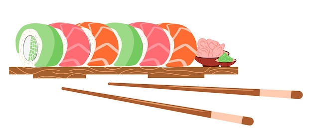 Установите различные суши на деревянной доске суши лосось авокадо тунец. изолированные на белом фоне.