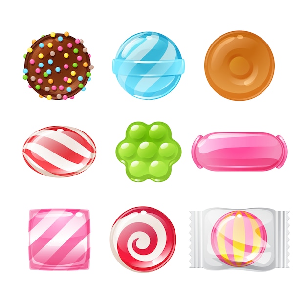 Vector set of different sweets. assorted candies.