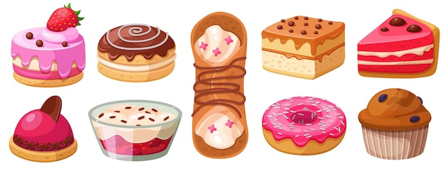 A set of different sweets.Cake, donut, muffin, piece of cake, whipped cream