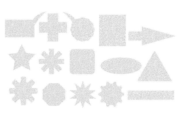 Set of different symbols and signs made of sand texture shapes and icons with grainy noise effect