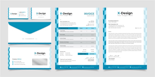 A set of different templates including invoices letterhead business cards and envelopes