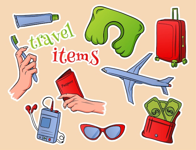 Vector set of different travel items with travel items text on beige background illustration