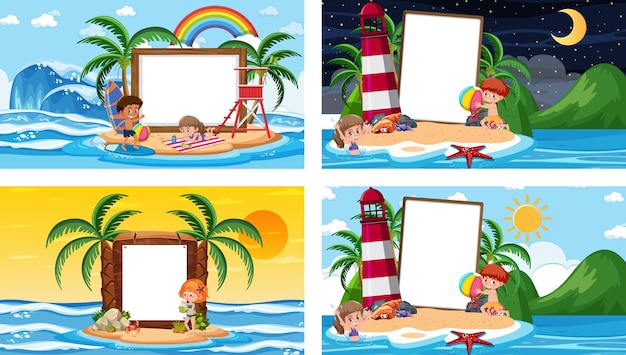 Vector set of different tropical beach scenes with blank banner