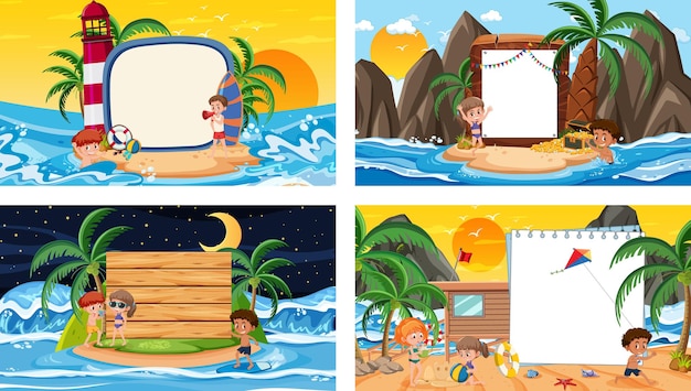 Set of different tropical beach scenes with blank banner