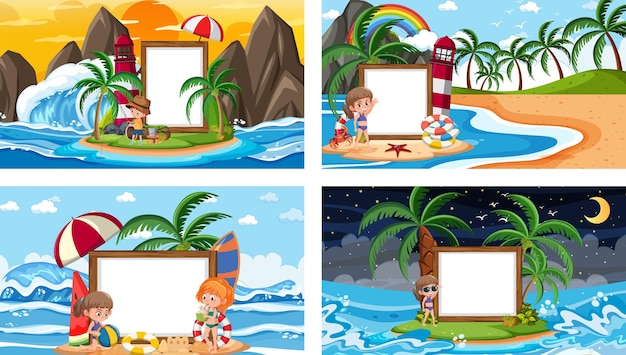 Set of different tropical beach scenes with blank banner