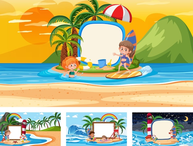 Set of different tropical beach scenes with blank banner