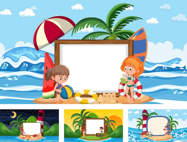 Set of different tropical beach scenes with blank banner