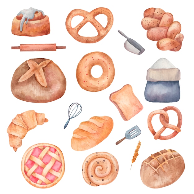 Vector set of different types of bread, bagels, rolls, flour watercolor food illustration in vector on white background
