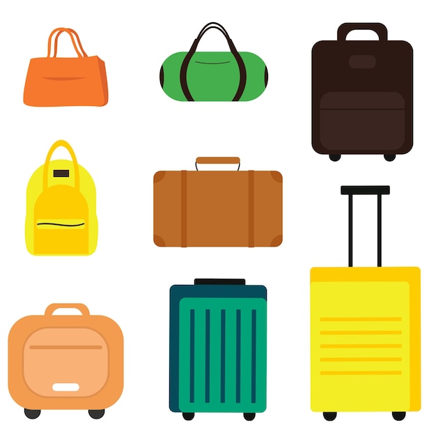 Vector set of different types of colorful luggage on white background flat vector isolated illustration