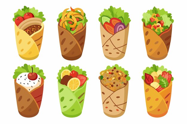 a set of different types of food including ice cream vegetables and fruits
