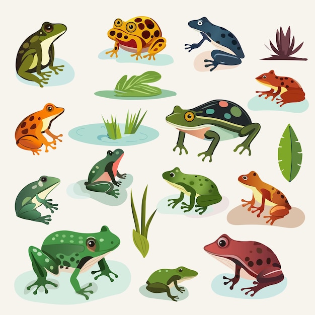 Set Of Different Types Frog Character With Leaves Element