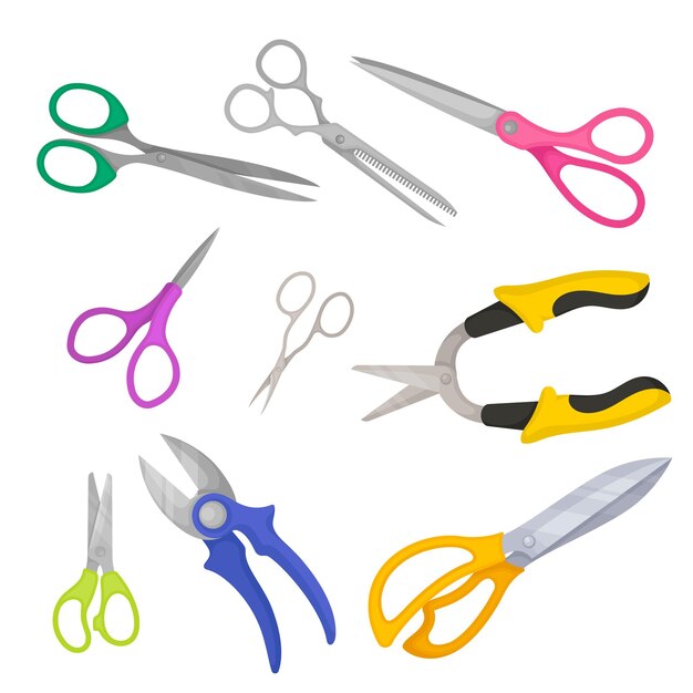 Set of different types of scissors Stainless steel shears for different purposes Cutting instruments with two metal blades Colorful vector illustrations in flat style isolated on white background