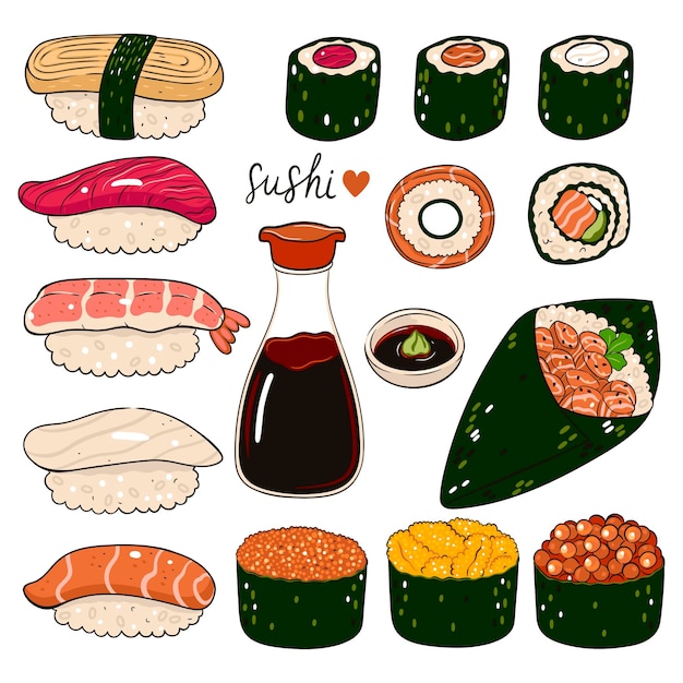 Set of different types of sushi and soy sauce isolated on white background Vector graphics