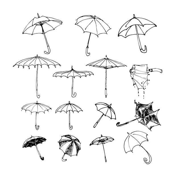 A set of different umbrellas Elements of decorative ornament and pattern In black ink