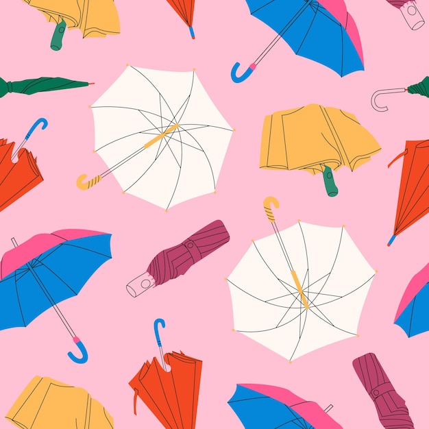 Set of different Umbrellas in various positions Open and folded  cartoon style umbrellas Pattern