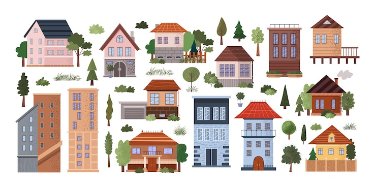Vector set of different urban and countryside building icons trees bushes