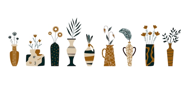 A set of different vases with plants