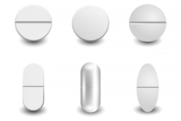 Set different vector realistic white pills isolated