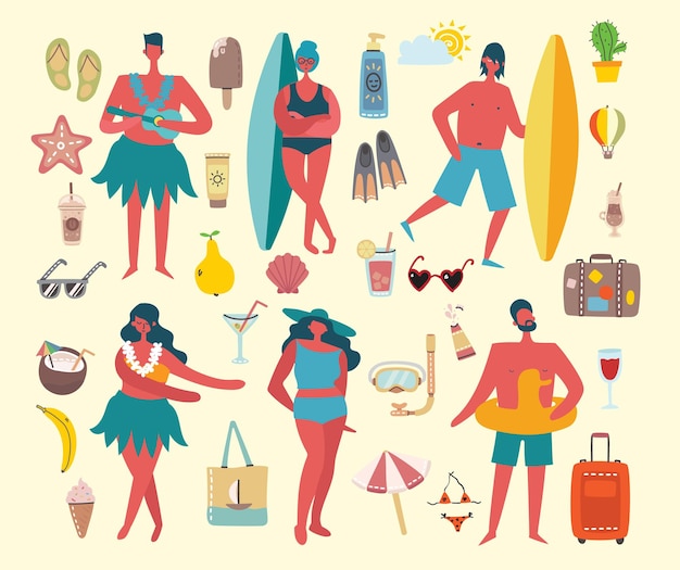 Set of different vector summer people and icons in the flat stye