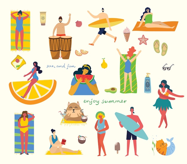 Vector set of different vector summer travel people and icons in the flat stye