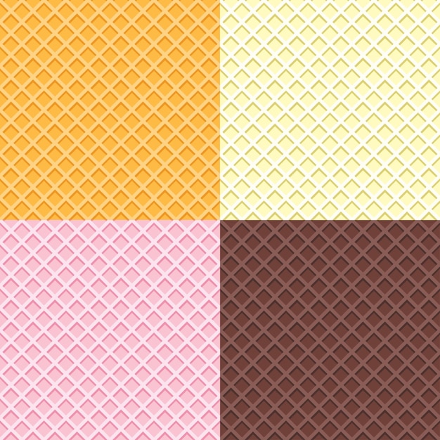 Set di diversi modelli vettoriali senza giunture per waffle cartone animato wafer ripetuto sfondo in giallo rosa annegare colore cioccolato cono gelato texture