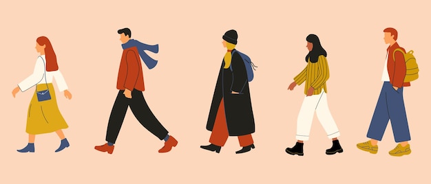 a set of different walking people in cartoon flat style