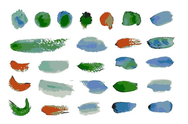 Set of different watercolor brush colored on white background. web and design elements vectors.