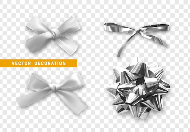 Set of different white bows made of fabric and foil. Realistic 3d decorative elements for design. Collection Festive silver bows from ribbon are suitable for gift, surprises. vector illustration