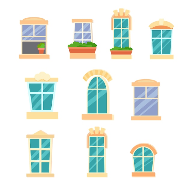 A set of different Windows with a balcony and other details Interior element Part of the facade of the house Window frame Vector illustration isolated on white background Cartoon style