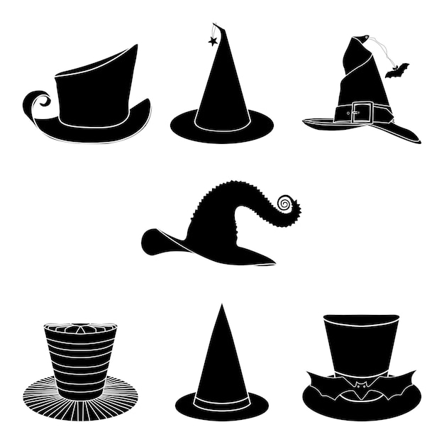 Vector set of different witch hat silhouettes isolated on white background