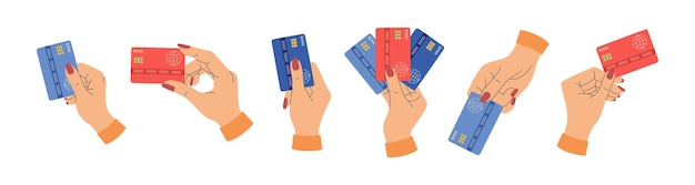 Set of different woman hands with credit cards. Virtual money concept. Cashless digital payment
