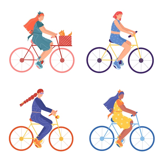 Set of different women on bicycles.