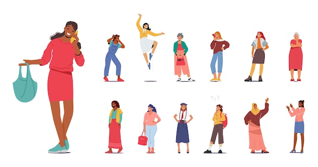 Set of Different Women Multiethnic Female Characters African Arab Caucasian Girls and Old Ladies Student Schoolgirl Muslim Senior Slim and Plus Size Cartoon People Vector Illustration